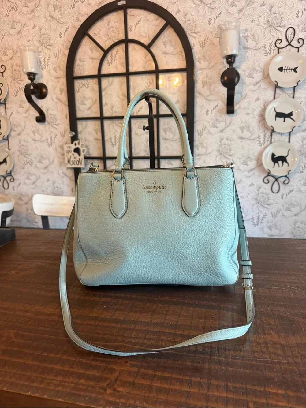 Kate Spade Light Blue Pebbled Leather Satchel with Shoulder Strap